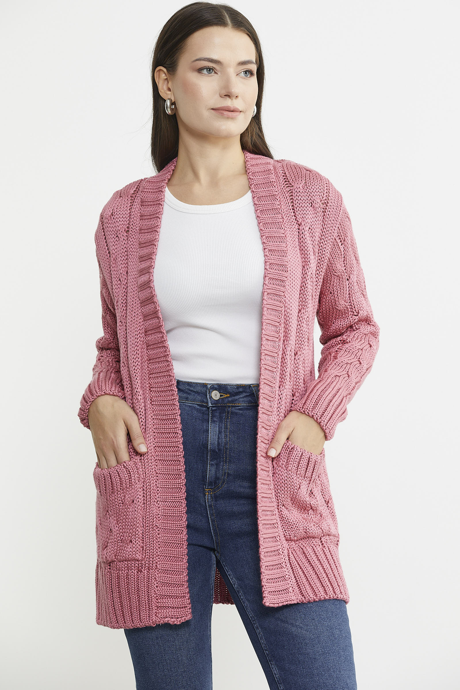 Kadın Saç Örgü Yünlü Triko Ceket - Gül - Sementa