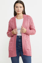 Kadın Saç Örgü Yünlü Triko Ceket - Gül - Sementa