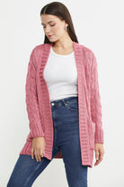 Kadın Saç Örgü Yünlü Triko Ceket - Gül - Sementa