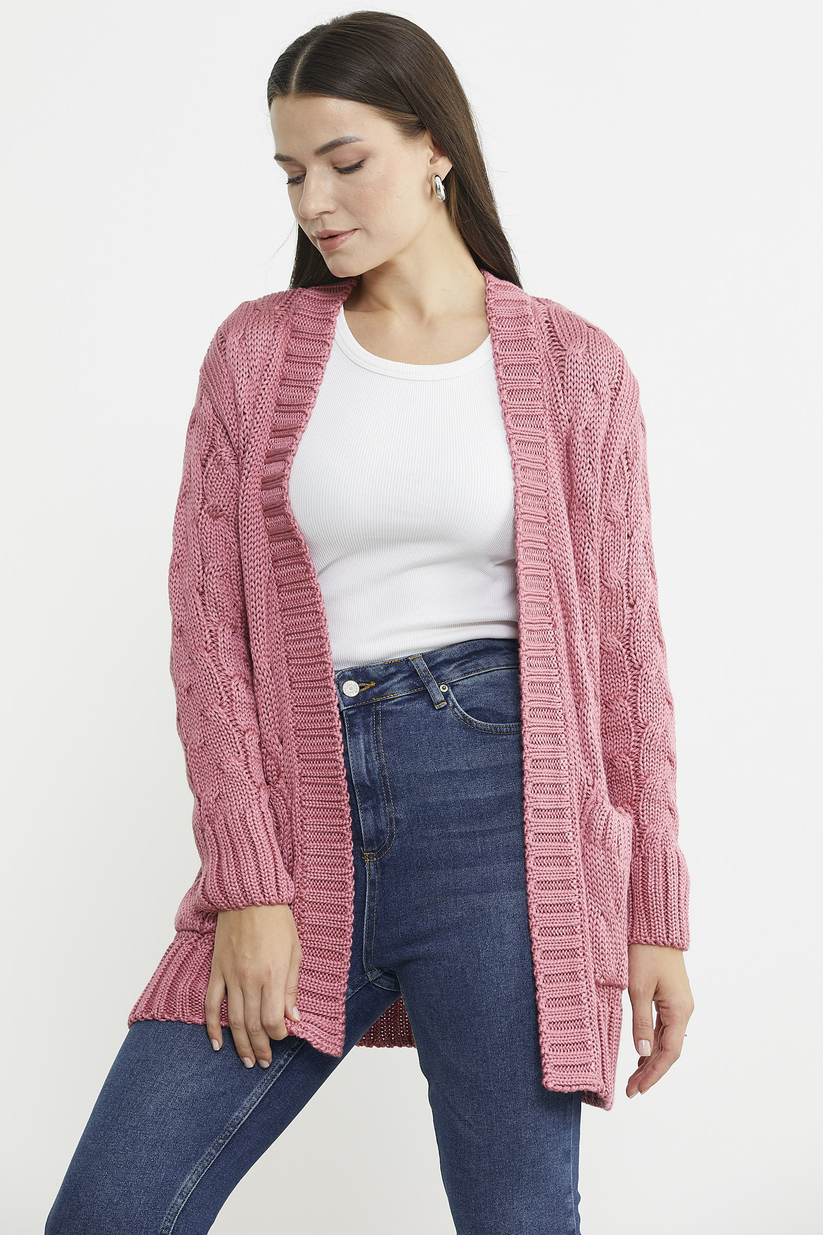 Kadın Saç Örgü Yünlü Triko Ceket - Gül - Sementa