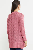 Kadın Saç Örgü Yünlü Triko Ceket - Gül - Sementa