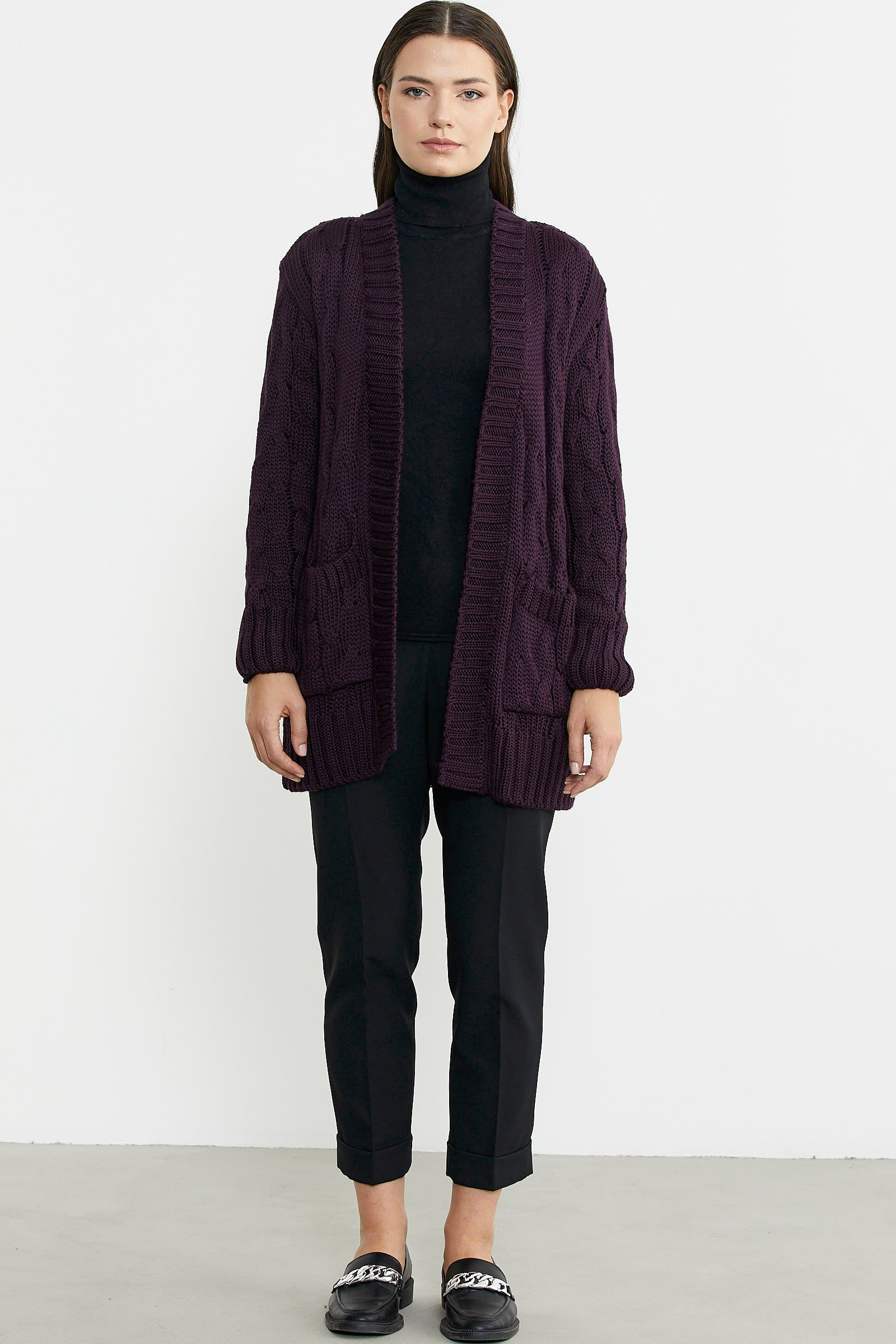 Kadın Saç Örgü Yünlü Triko Ceket - Mürdüm - Sementa