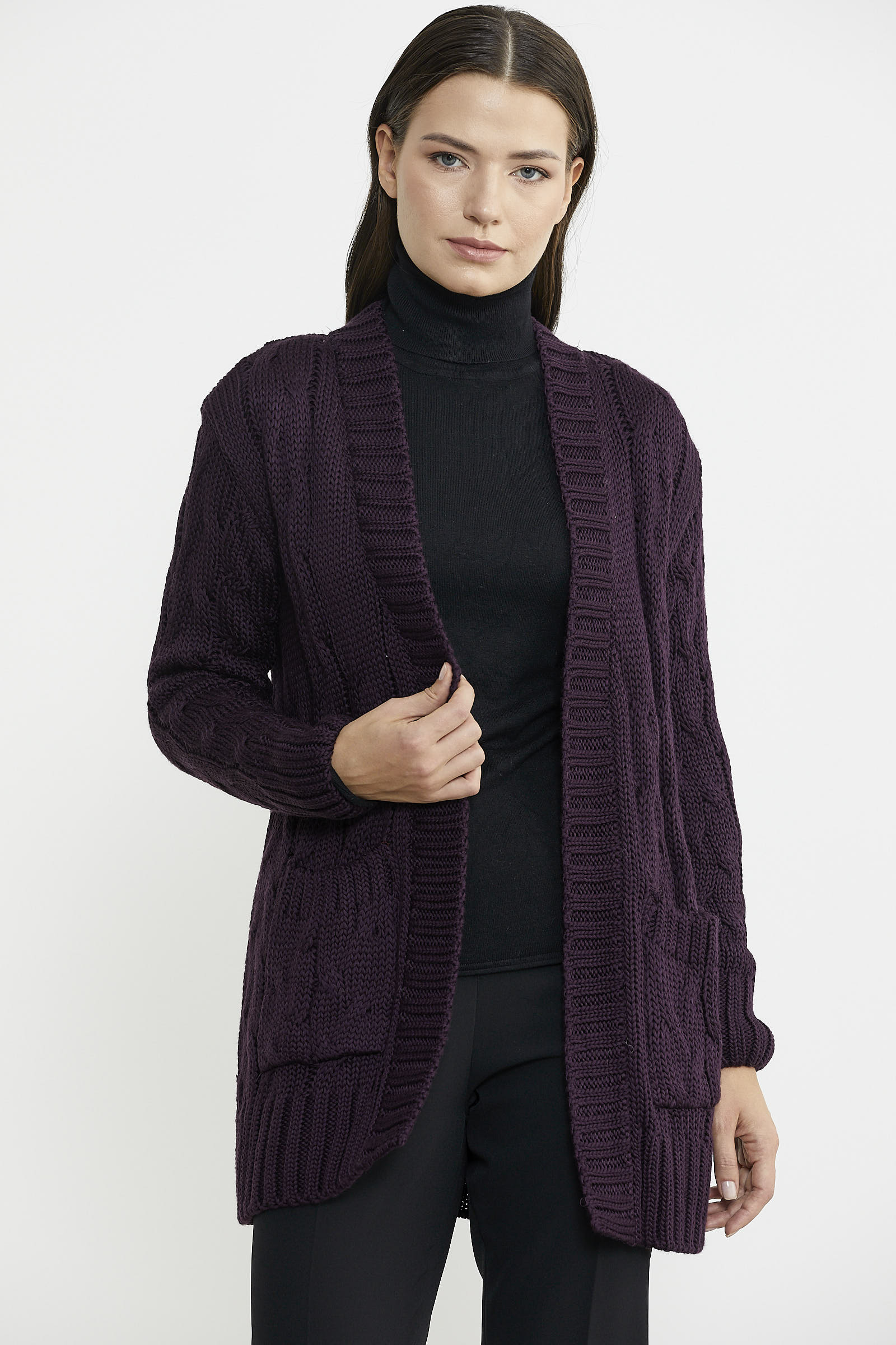 Kadın Saç Örgü Yünlü Triko Ceket - Mürdüm - Sementa