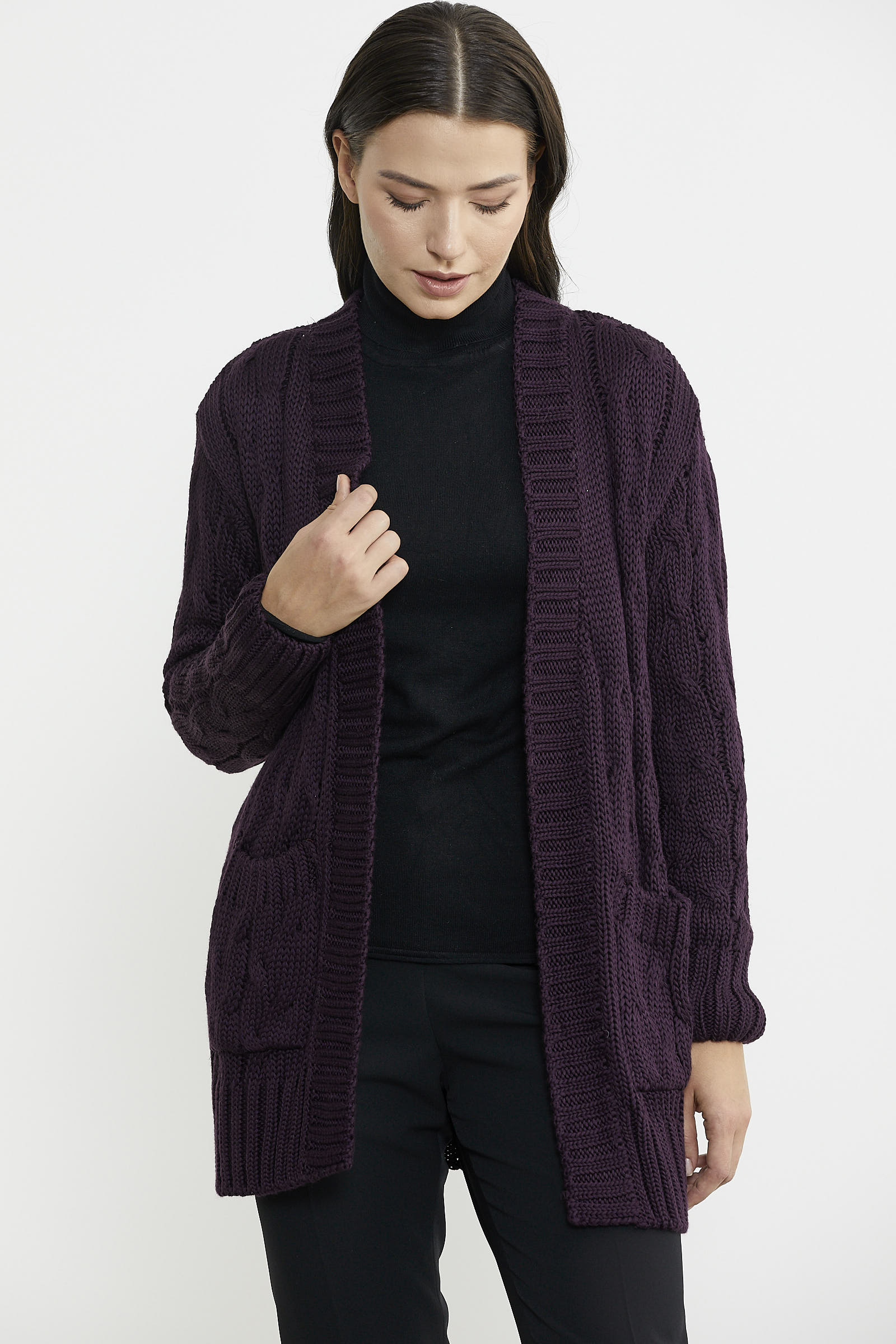 Kadın Saç Örgü Yünlü Triko Ceket - Mürdüm - Sementa