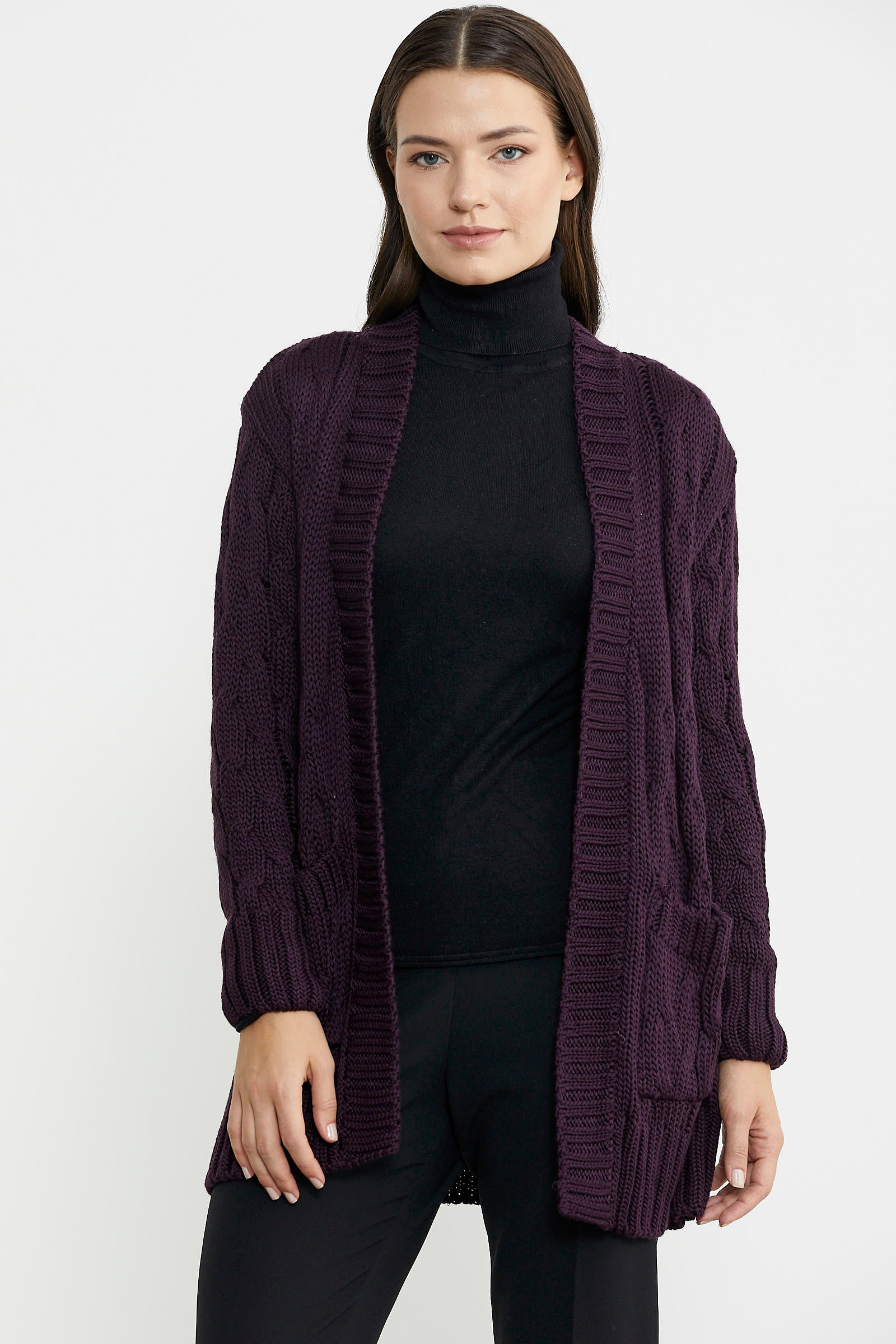 Kadın Saç Örgü Yünlü Triko Ceket - Mürdüm - Sementa