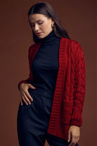 Kadın Saç Örgü Yünlü Triko Ceket - Bordo - Sementa