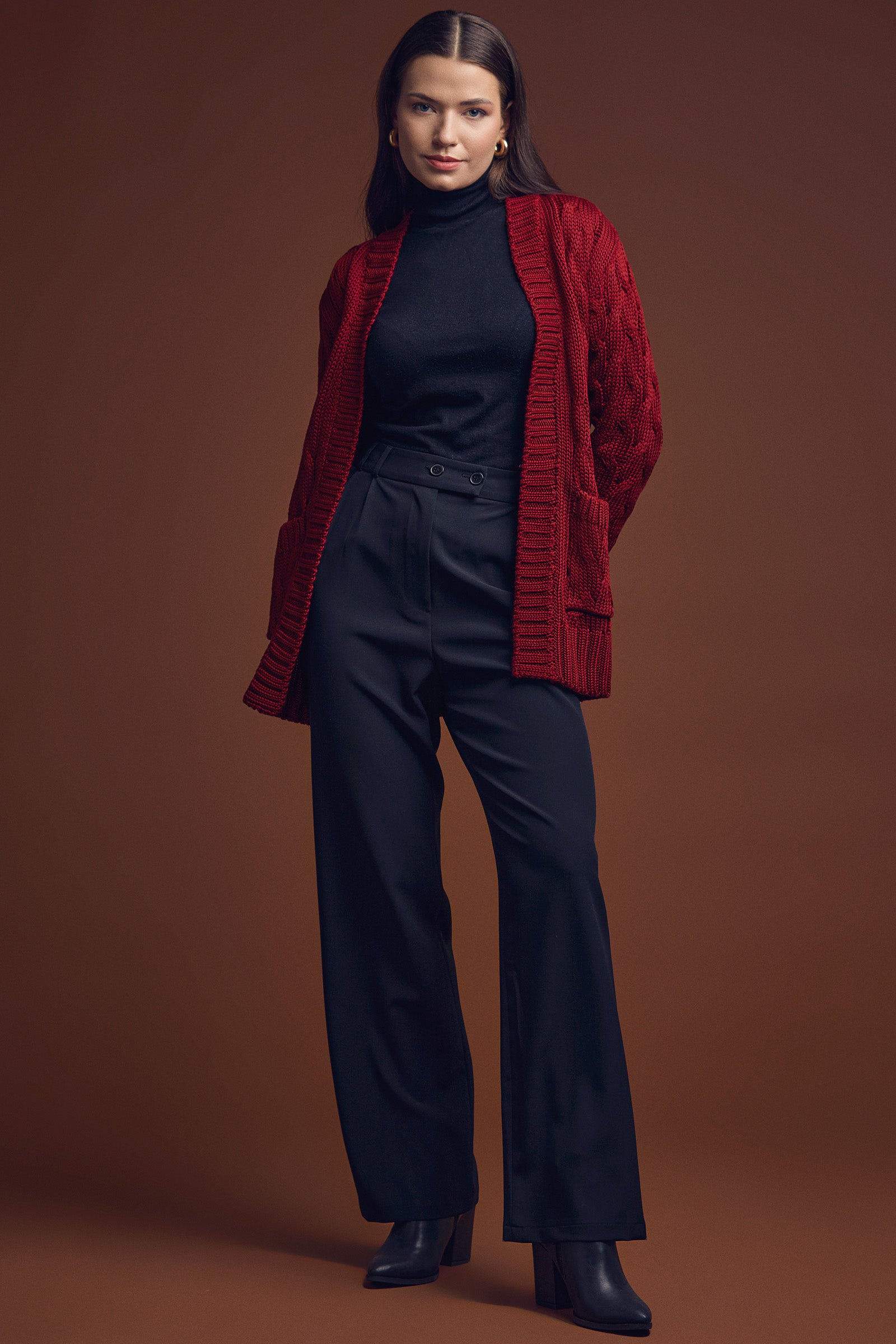 Kadın Saç Örgü Yünlü Triko Ceket - Bordo - Sementa