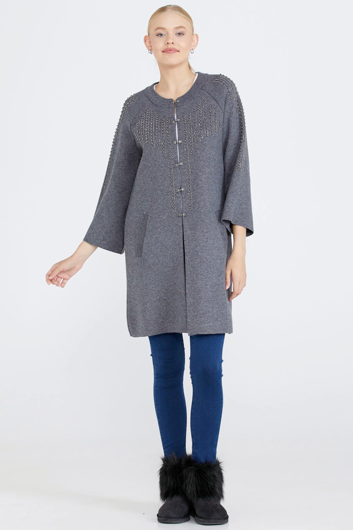 Kadın Taşlı Agraflı Triko Ceket - Koyu Gri (3) Sementa