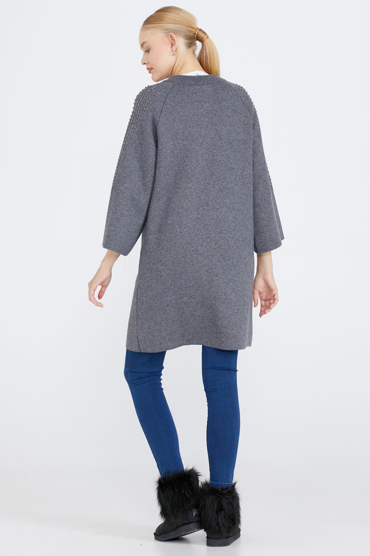 Kadın Taşlı Agraflı Triko Ceket - Koyu Gri (4) Sementa