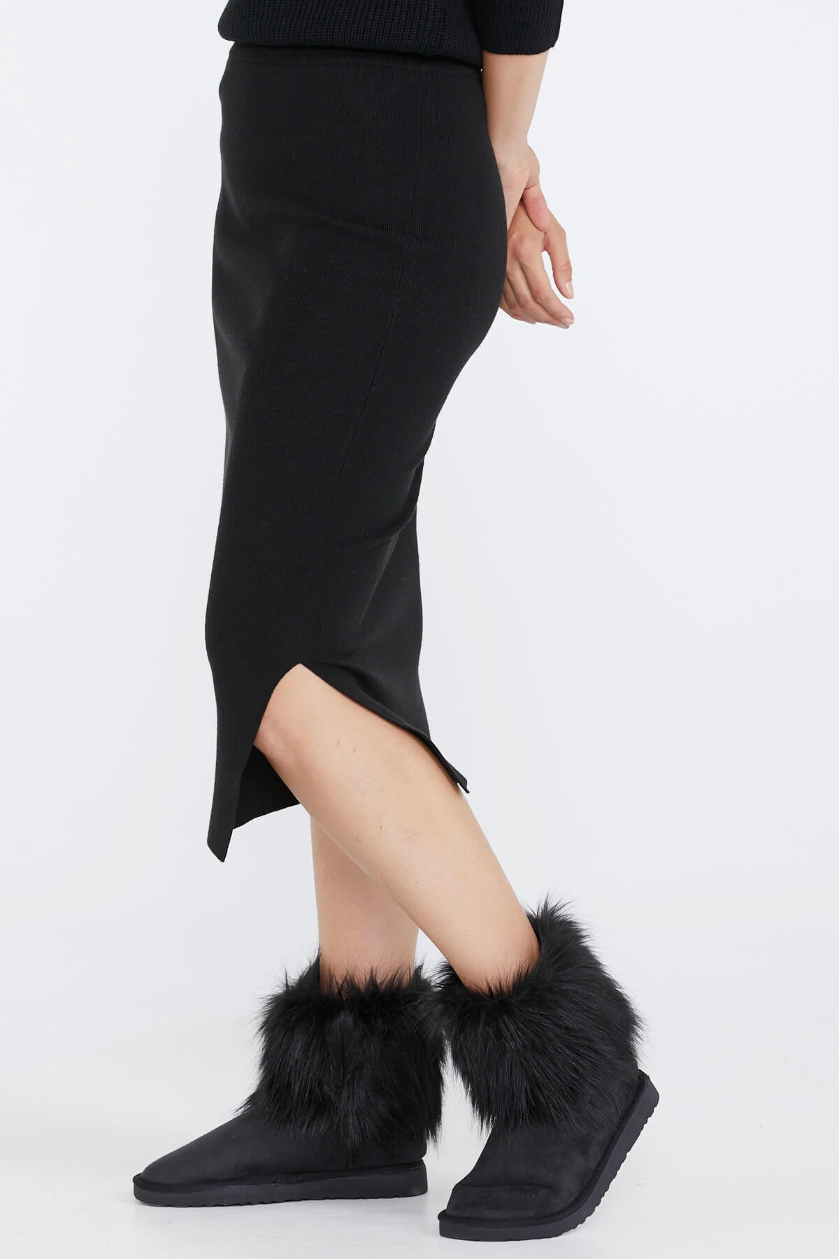 Kadın Yırtmaçlı Triko Etek - Siyah (4) Sementa