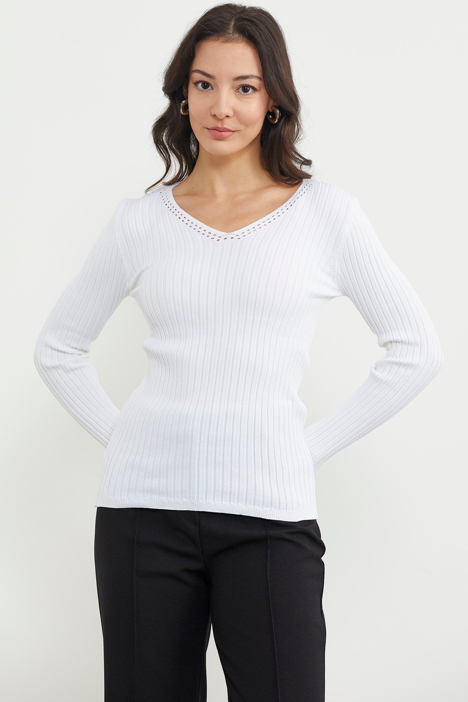 Kalın Fitilli V Yaka Triko Kazak - Kemik (2) Sementa