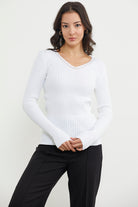 Kalın Fitilli V Yaka Triko Kazak - Kemik (4) Sementa