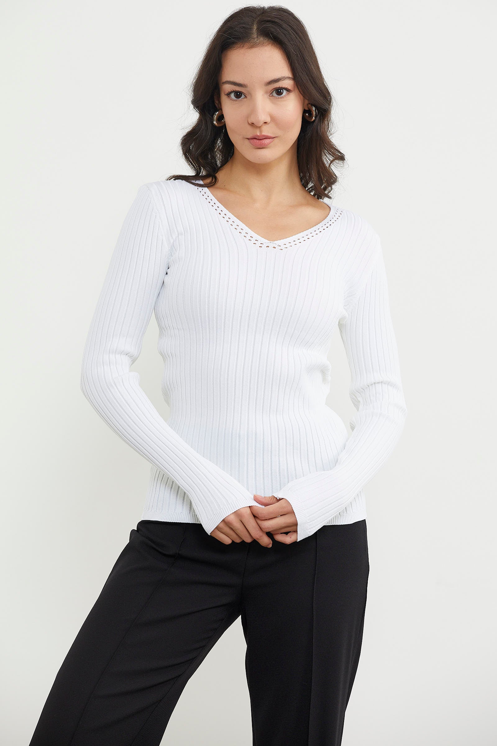 Kalın Fitilli V Yaka Triko Kazak - Kemik (4) Sementa