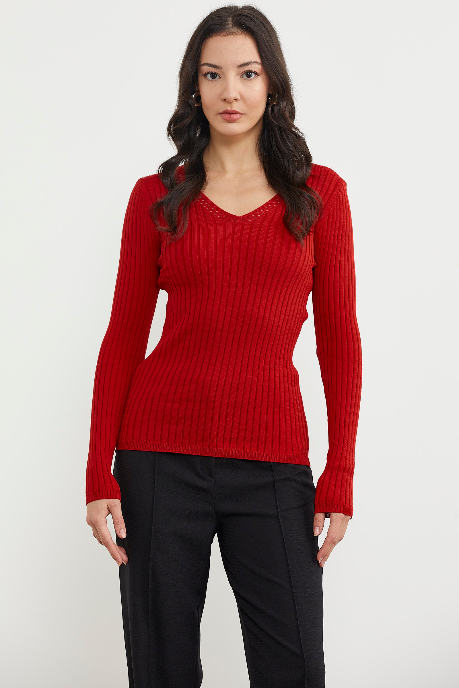 Kalın Fitilli V Yaka Triko Kazak - Kırmızı (1) Sementa