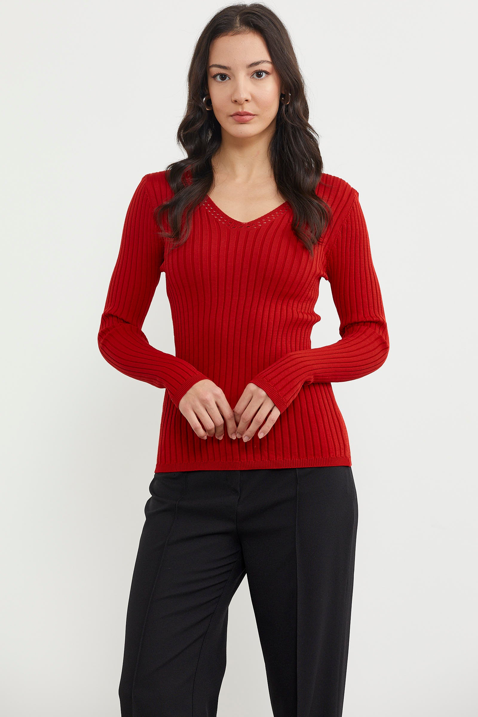 Kalın Fitilli V Yaka Triko Kazak - Kırmızı (2) Sementa