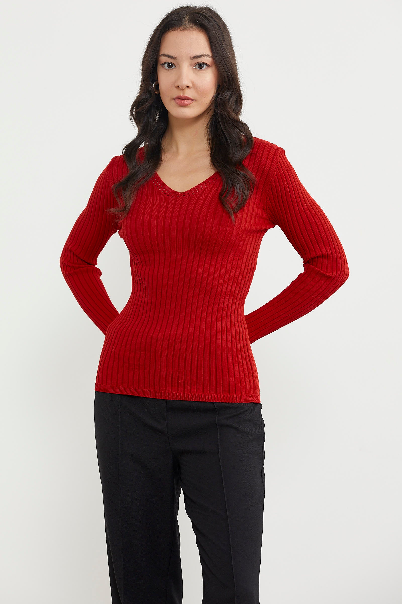 Kalın Fitilli V Yaka Triko Kazak - Kırmızı (3) Sementa