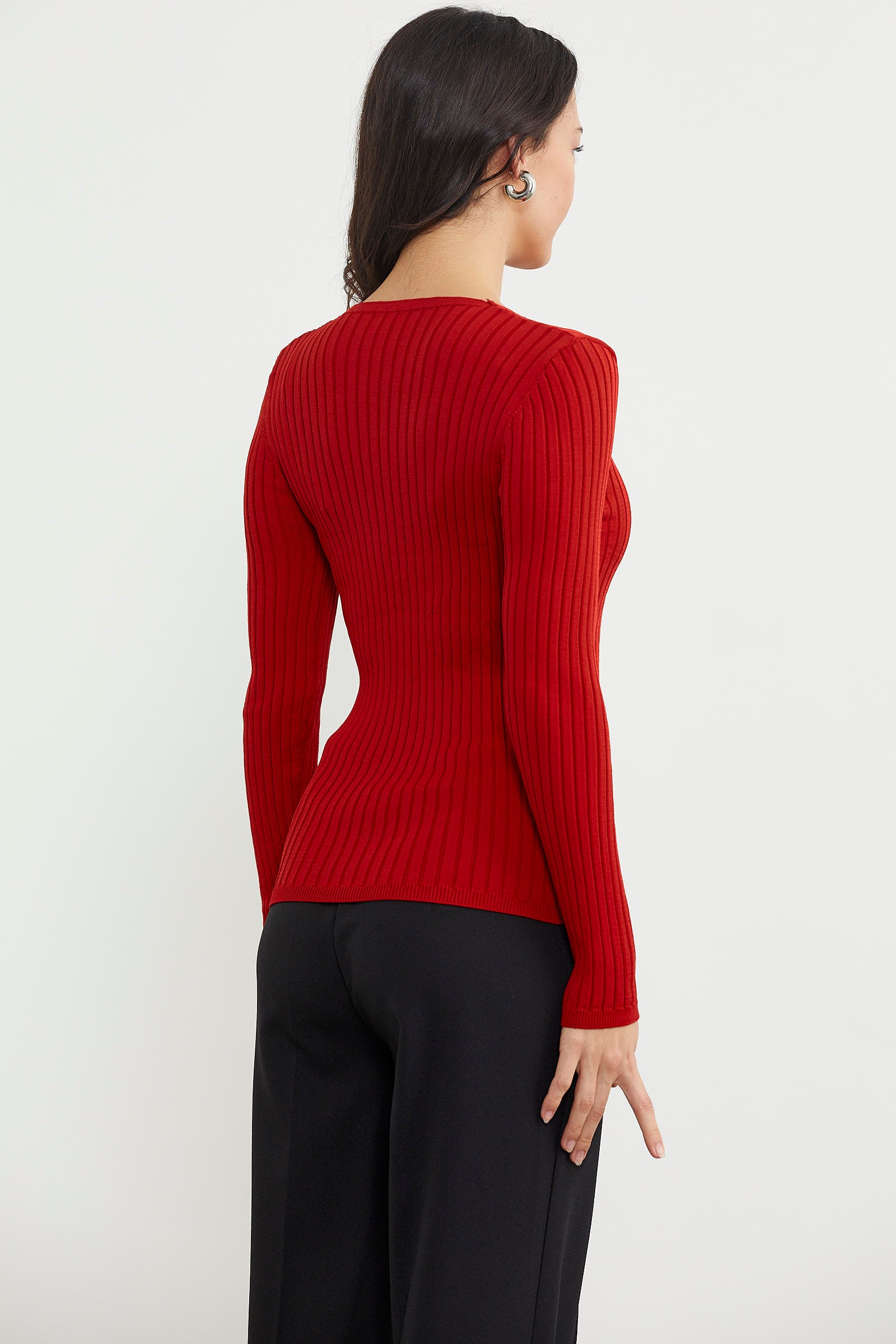 Kalın Fitilli V Yaka Triko Kazak - Kırmızı (5) Sementa