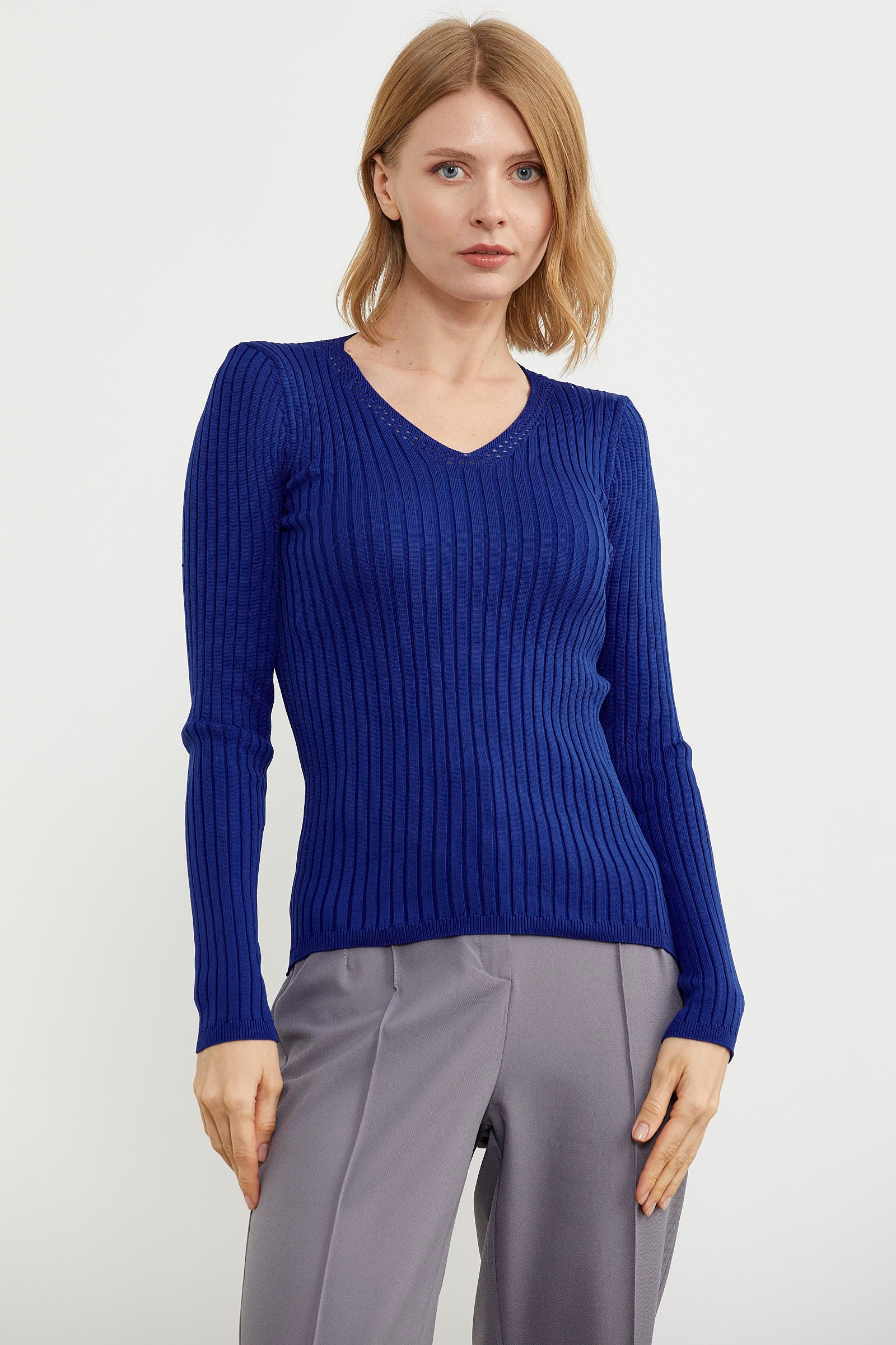 Kalın Fitilli V Yaka Triko Kazak - Saks (1) Sementa