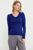 Kalın Fitilli V Yaka Triko Kazak - Saks (2) Sementa