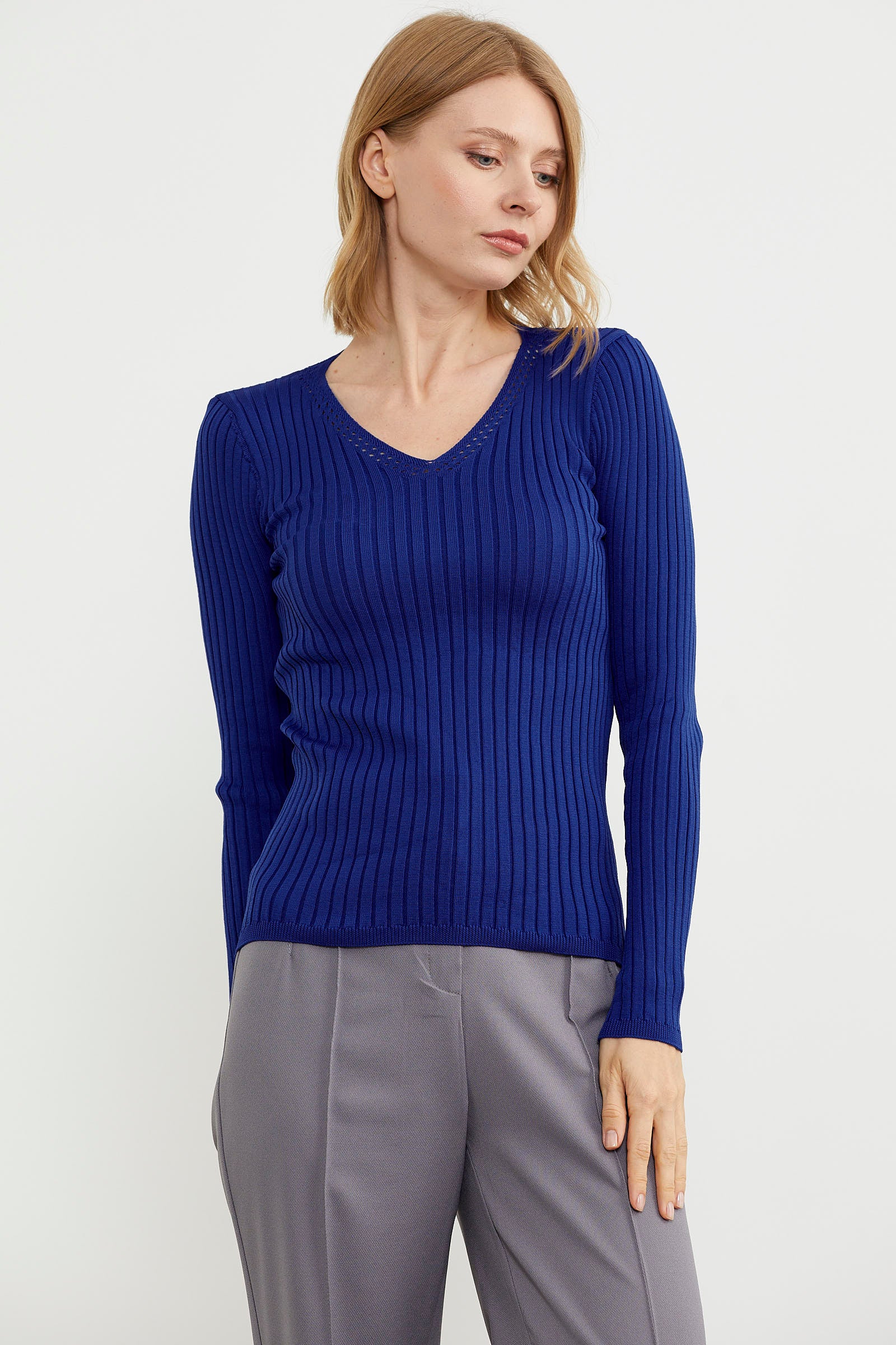 Kalın Fitilli V Yaka Triko Kazak - Saks (2) Sementa