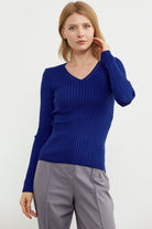 Kalın Fitilli V Yaka Triko Kazak - Saks (3) Sementa