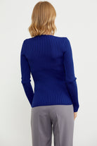 Kalın Fitilli V Yaka Triko Kazak - Saks (4) Sementa