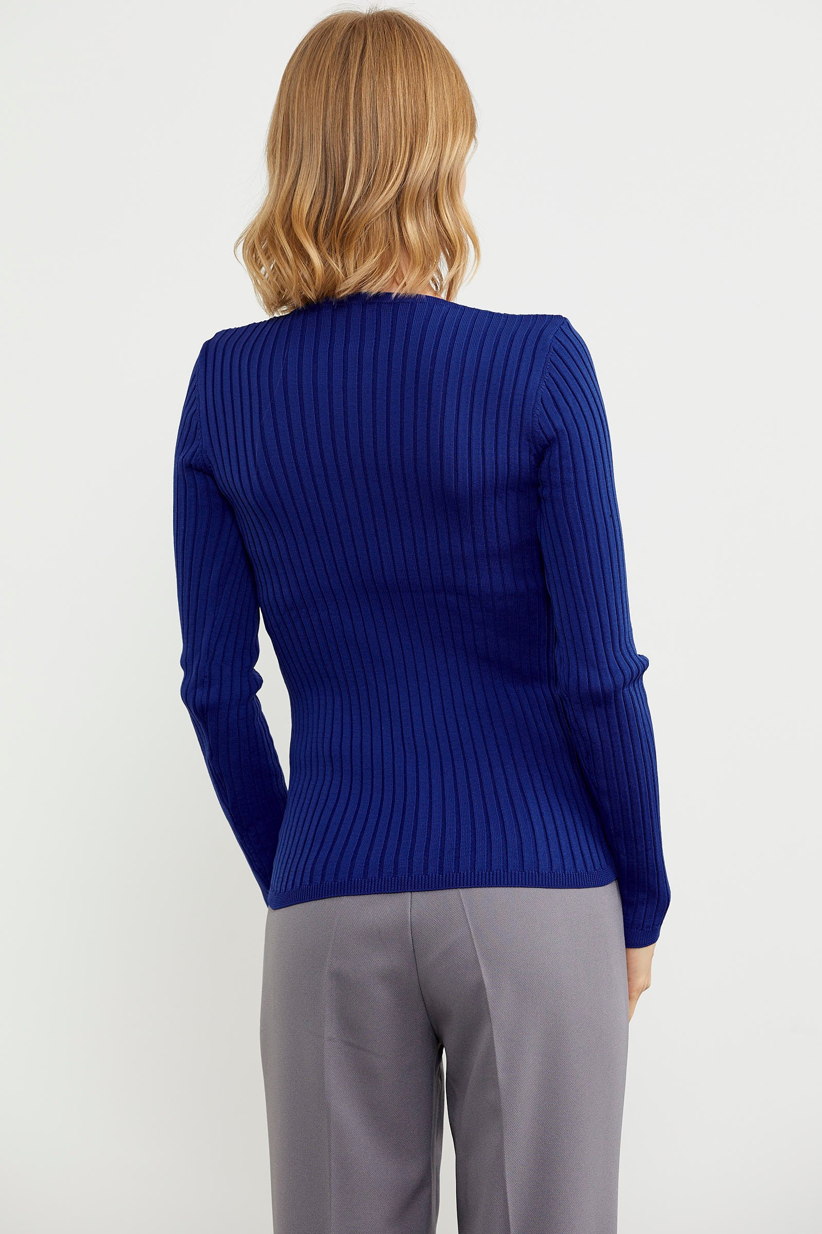 Kalın Fitilli V Yaka Triko Kazak - Saks (4) Sementa