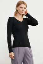 Kalın Fitilli V Yaka Triko Kazak - Siyah (3) Sementa