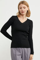 Kalın Fitilli V Yaka Triko Kazak - Siyah (4) Sementa