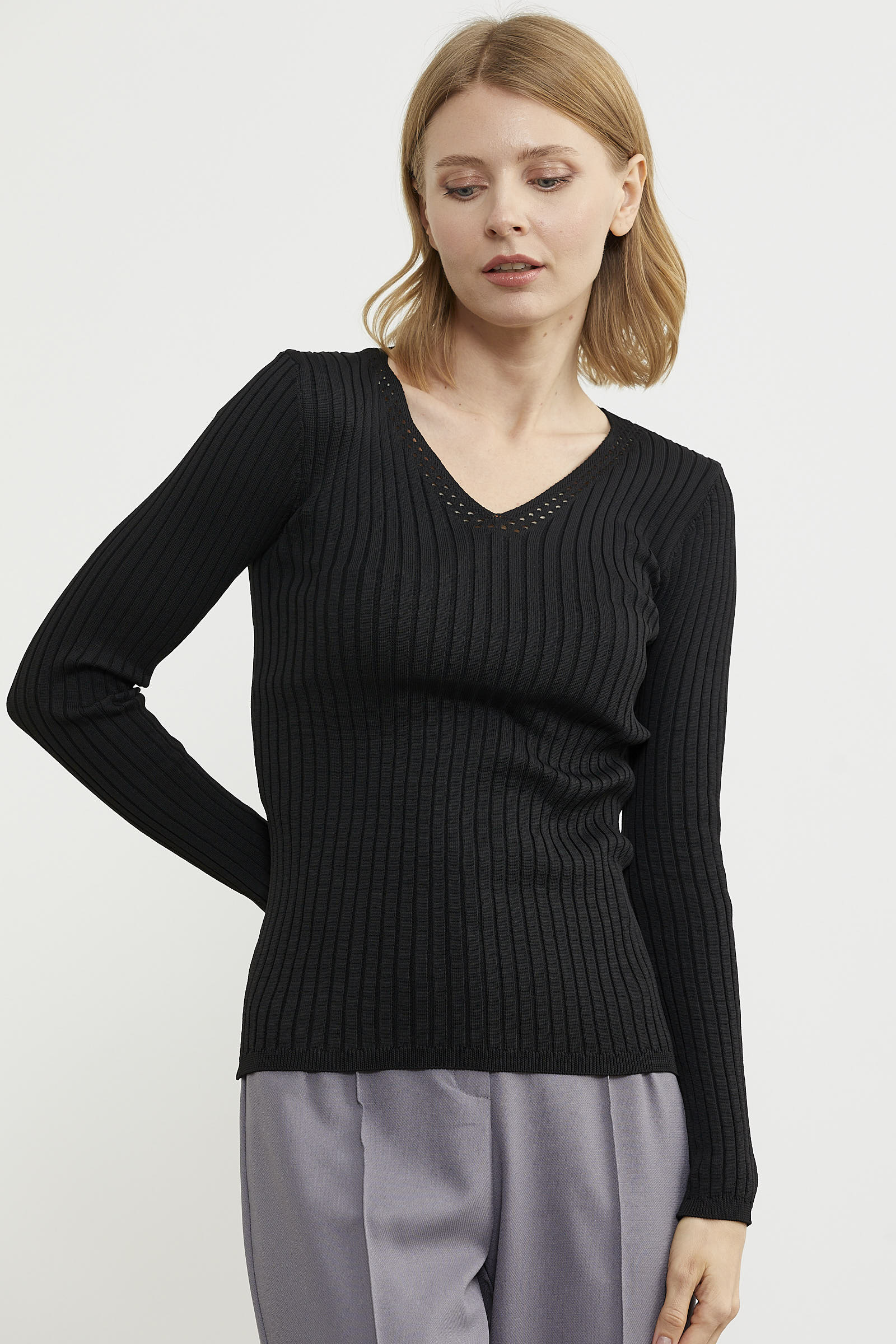 Kalın Fitilli V Yaka Triko Kazak - Siyah (4) Sementa