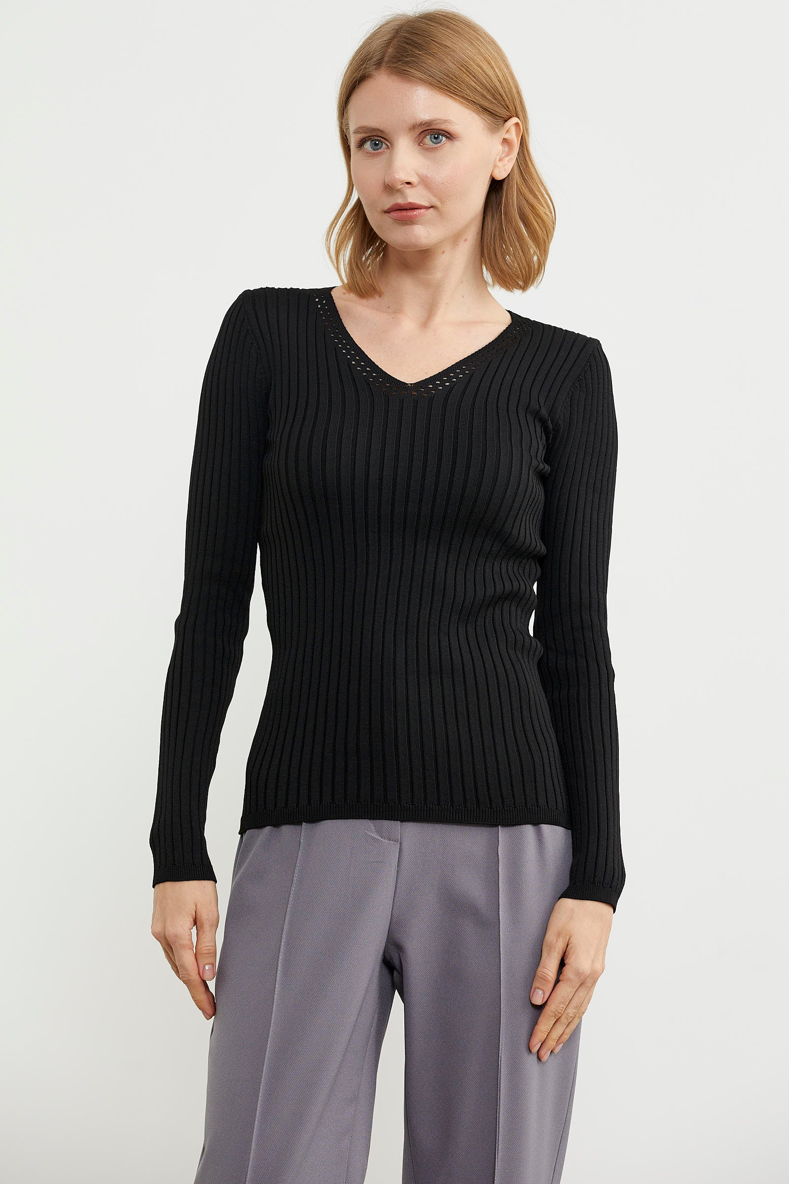 Kalın Fitilli V Yaka Triko Kazak - Siyah (2) Sementa