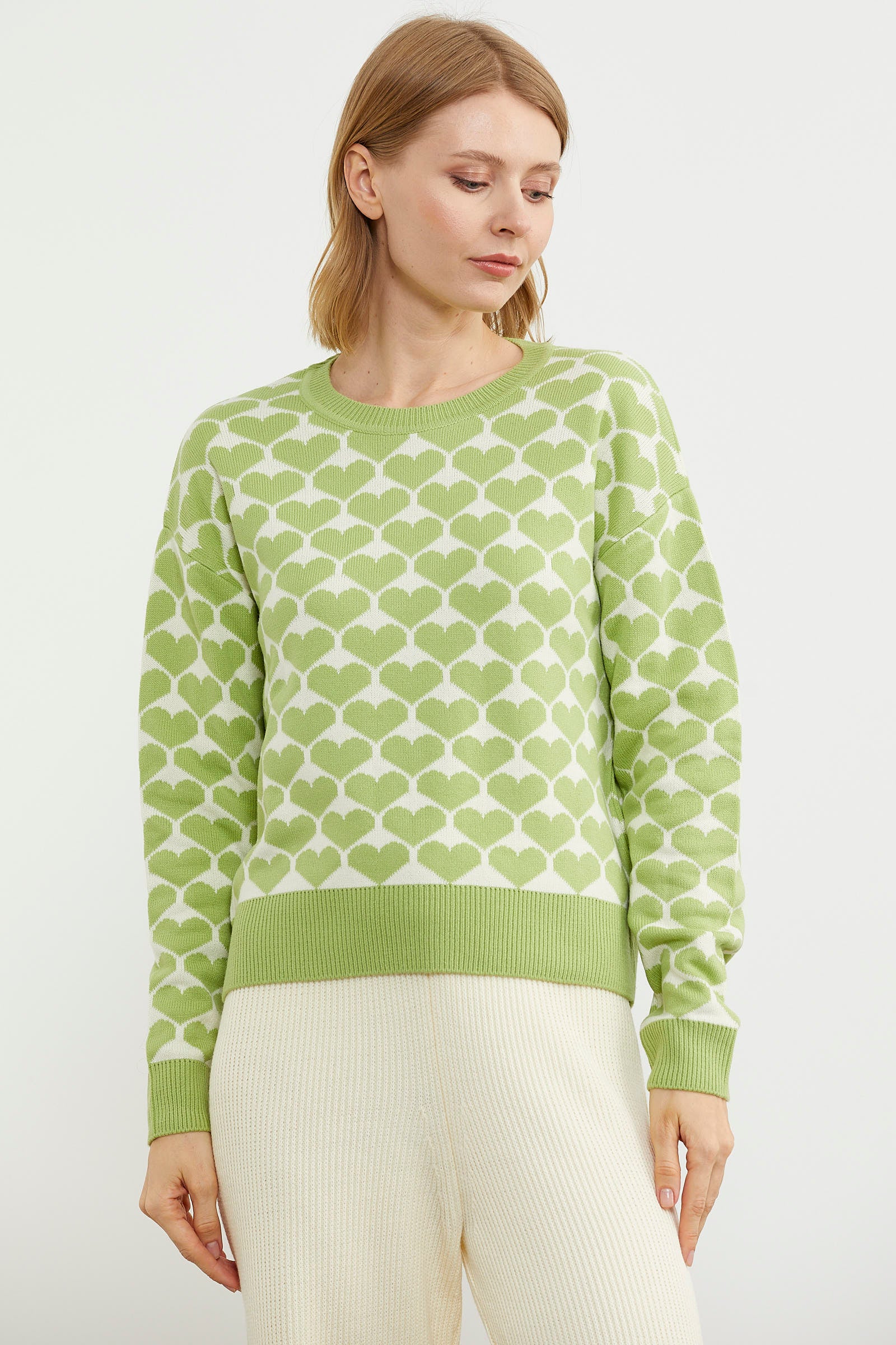 Kalp Desenli Sıfır Yaka Triko Kazak - Yeşil (2) Sementa