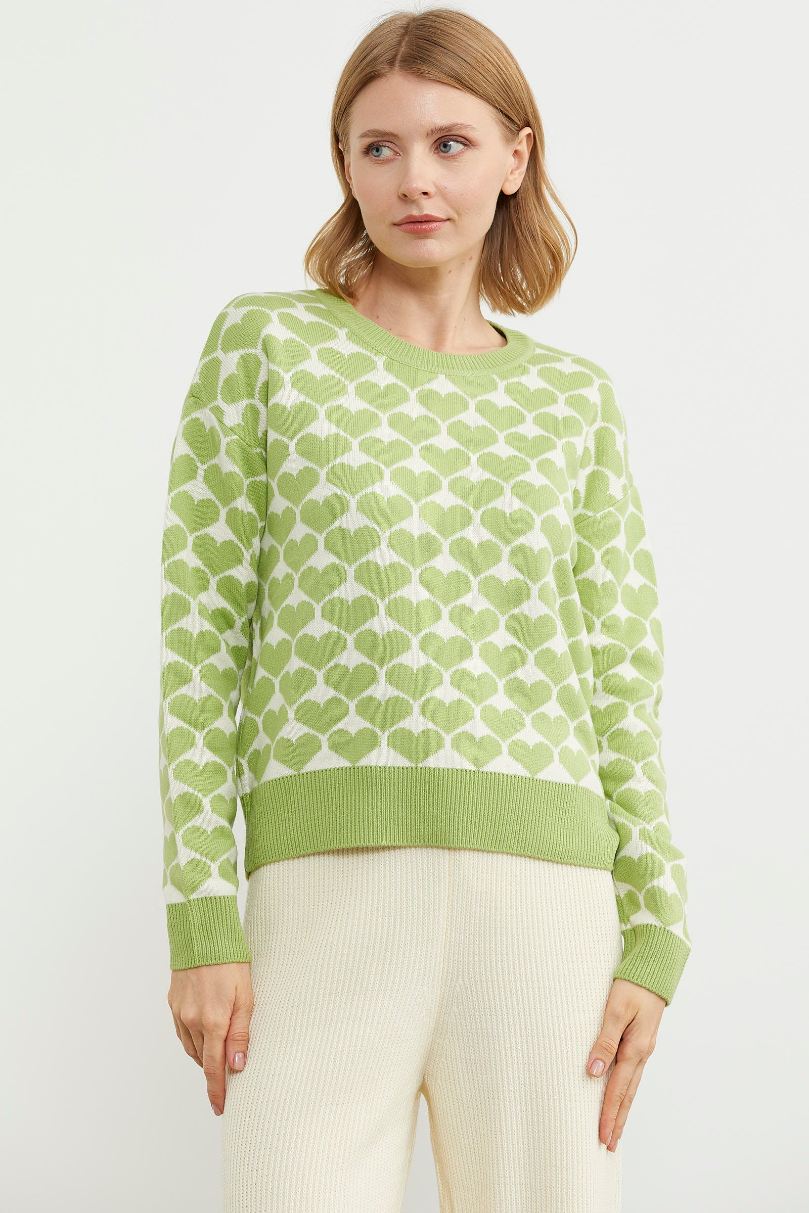 Kalp Desenli Sıfır Yaka Triko Kazak - Yeşil (4) Sementa