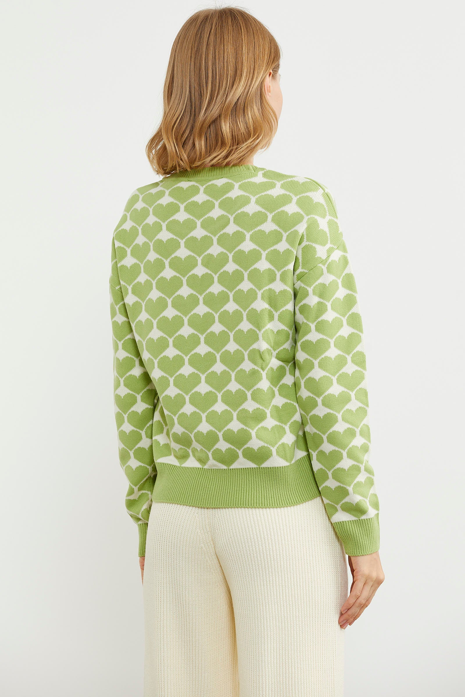 Kalp Desenli Sıfır Yaka Triko Kazak - Yeşil (7) Sementa