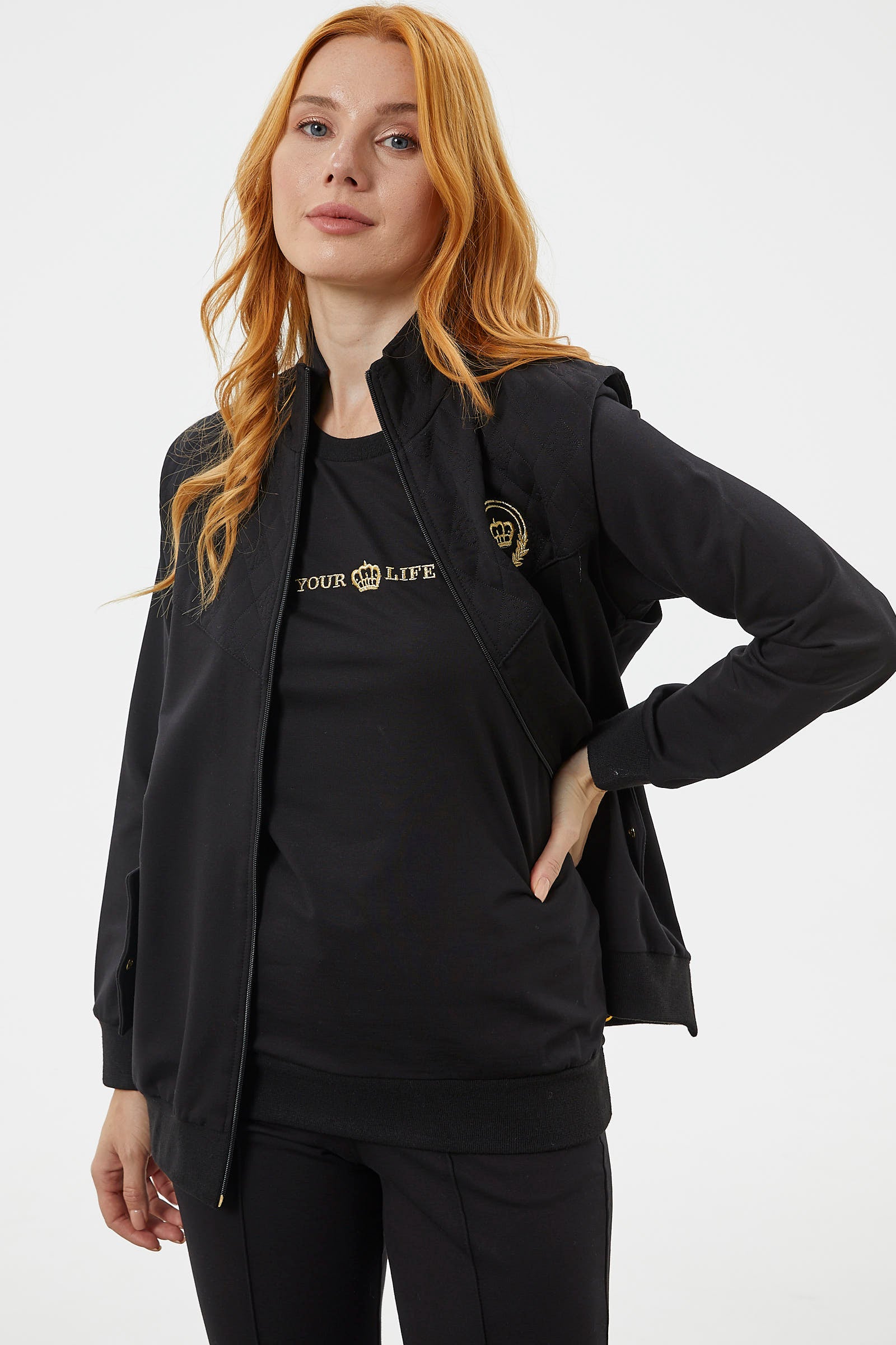 Kapitone Detaylı Yelekli Üçlü Eşofman Takım - Siyah (5) Sementa