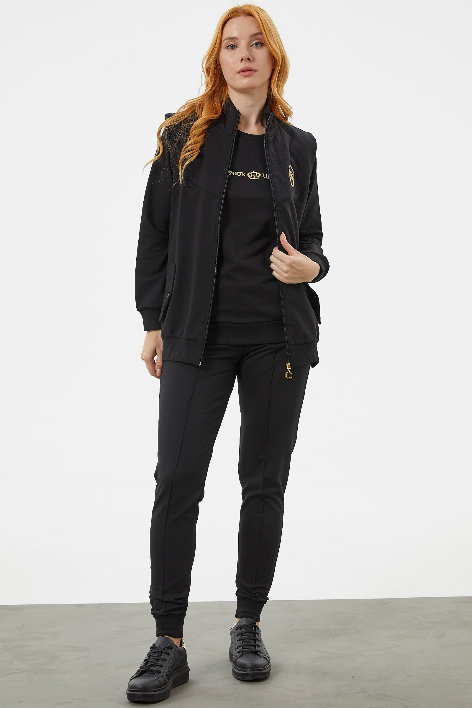 Kapitone Detaylı Yelekli Üçlü Eşofman Takım - Siyah (3) Sementa