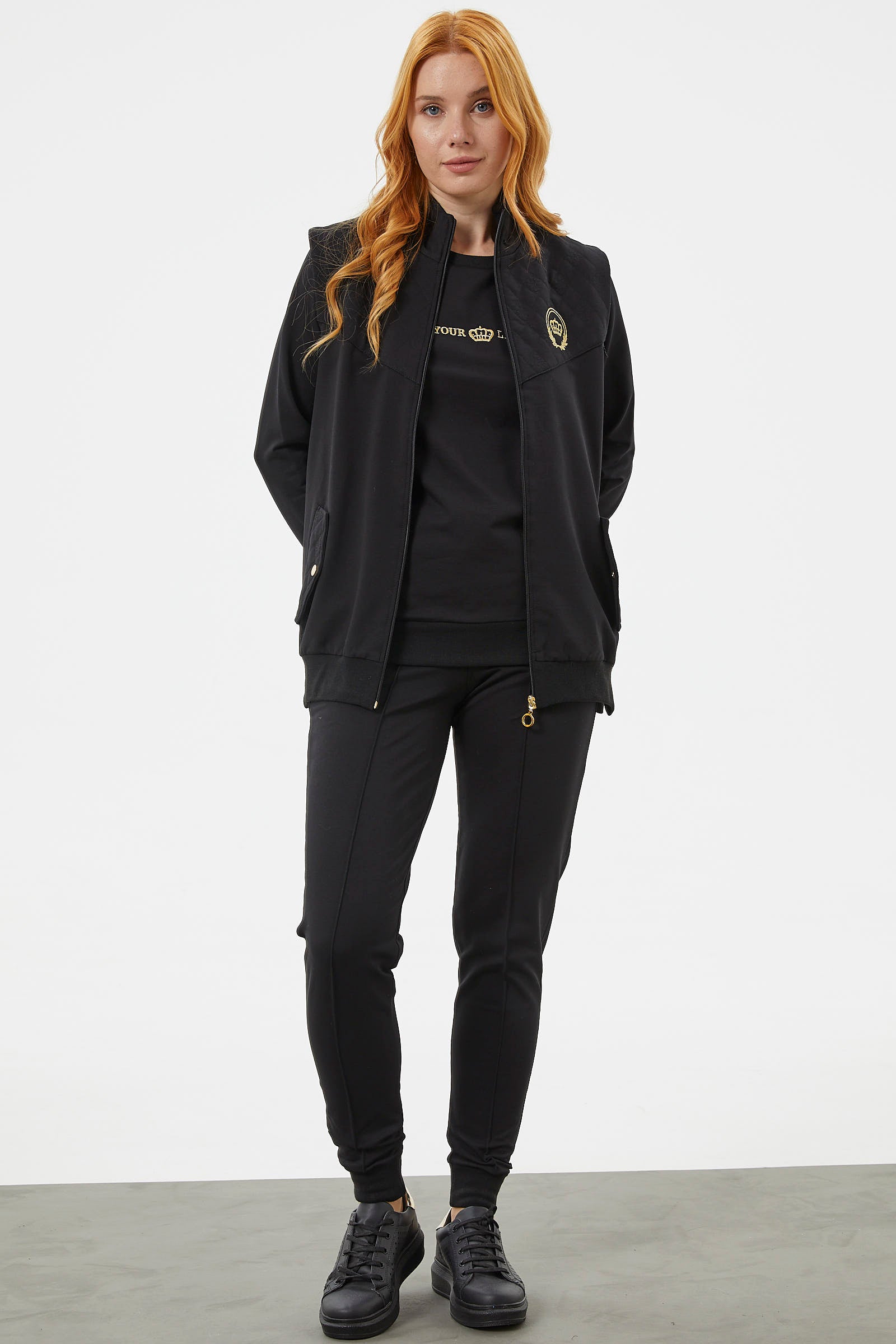 Kapitone Detaylı Yelekli Üçlü Eşofman Takım - Siyah (2) Sementa