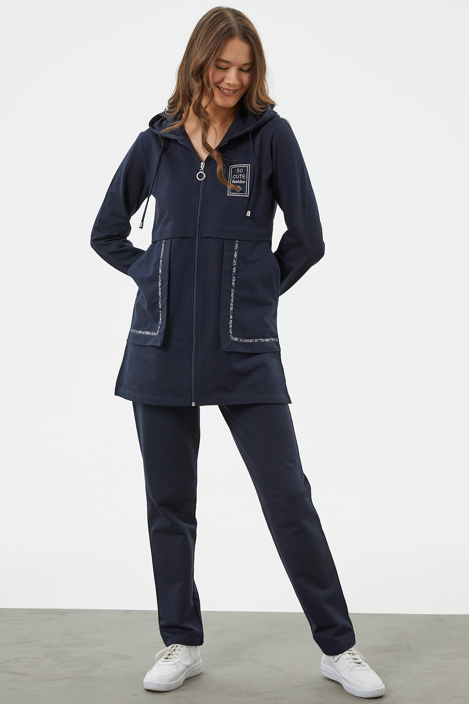Hooded Zippered Tracksuit Set with Piping Detail Navy Blue Sementa