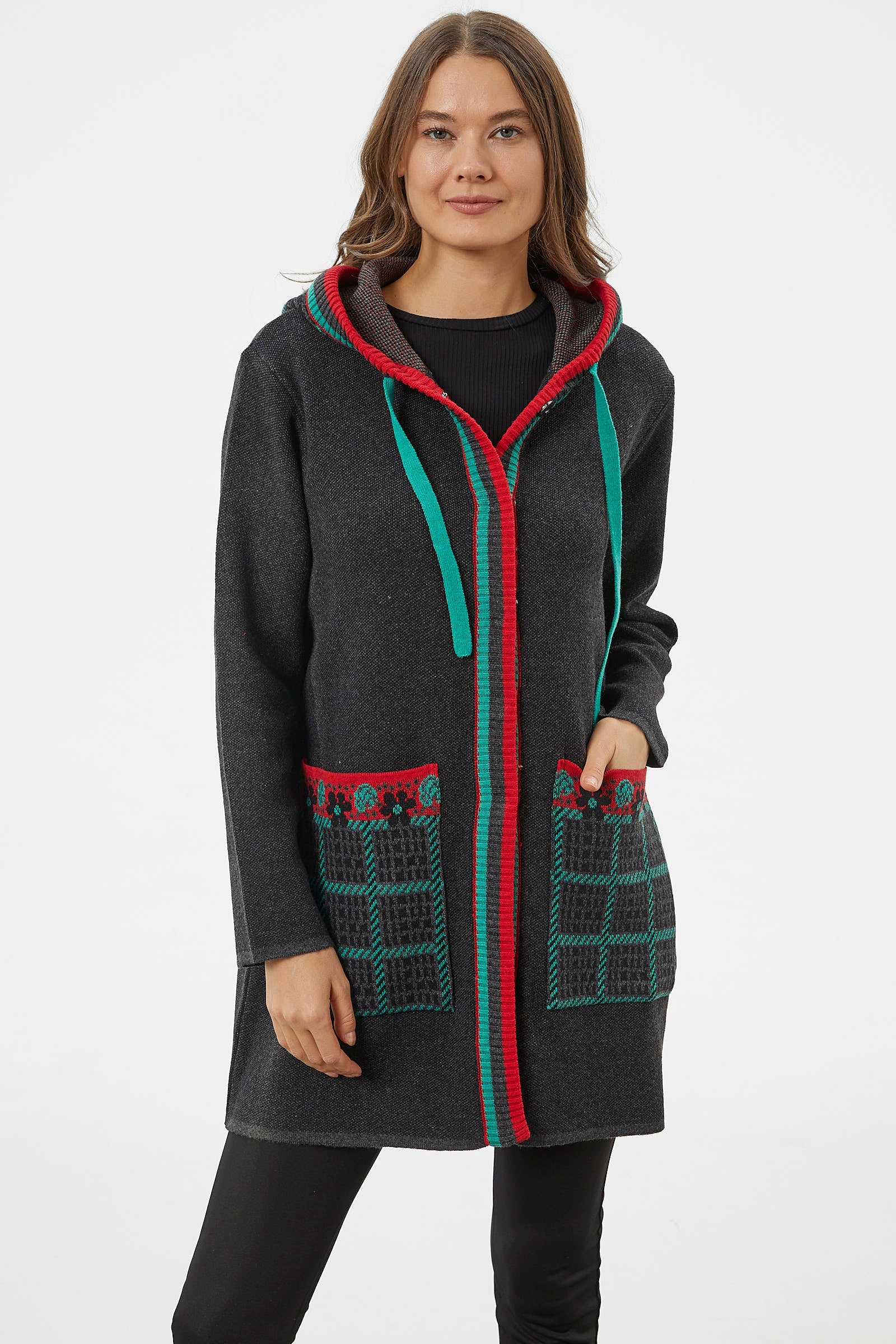 Kapüşonlu Büyük Cepli Triko Ceket - Antrasit (1) Sementa