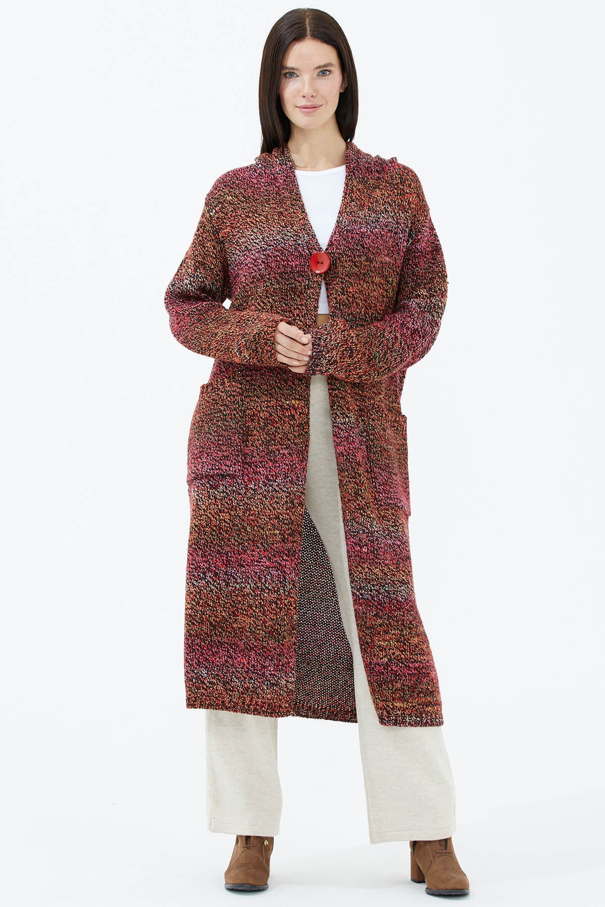 Kapüşonlu Cepli Triko Hırka - Kırmızı (2) Sementa