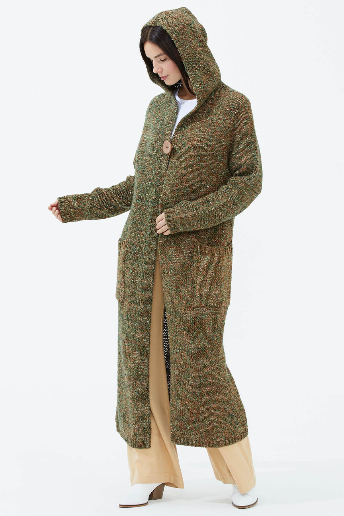 Kapüşonlu Cepli Triko Hırka - Taba (2) Sementa