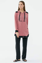 Kapüşonlu Çift Renk Rahat Kalıp Krep Takım - Gül - Siyah (2) Sementa