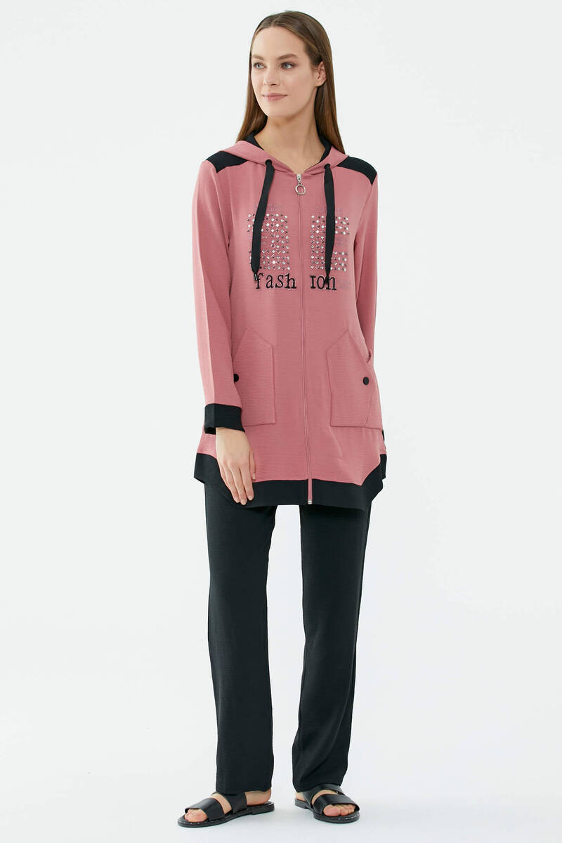 Kapüşonlu Çift Renk Rahat Kalıp Krep Takım - Gül - Siyah (2) Sementa