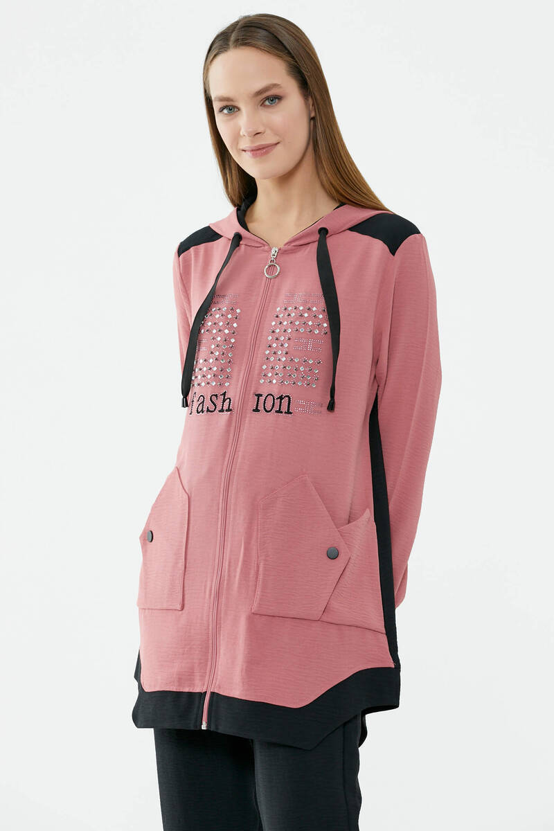 Kapüşonlu Çift Renk Rahat Kalıp Krep Takım - Gül - Siyah (4) Sementa