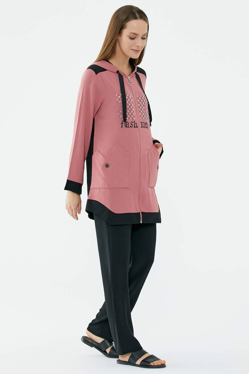 Kapüşonlu Çift Renk Rahat Kalıp Krep Takım - Gül - Siyah (5) Sementa