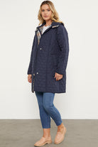 Kapüşonlu Ekose Detaylı Uzun Mont - Lacivert (3) Sementa