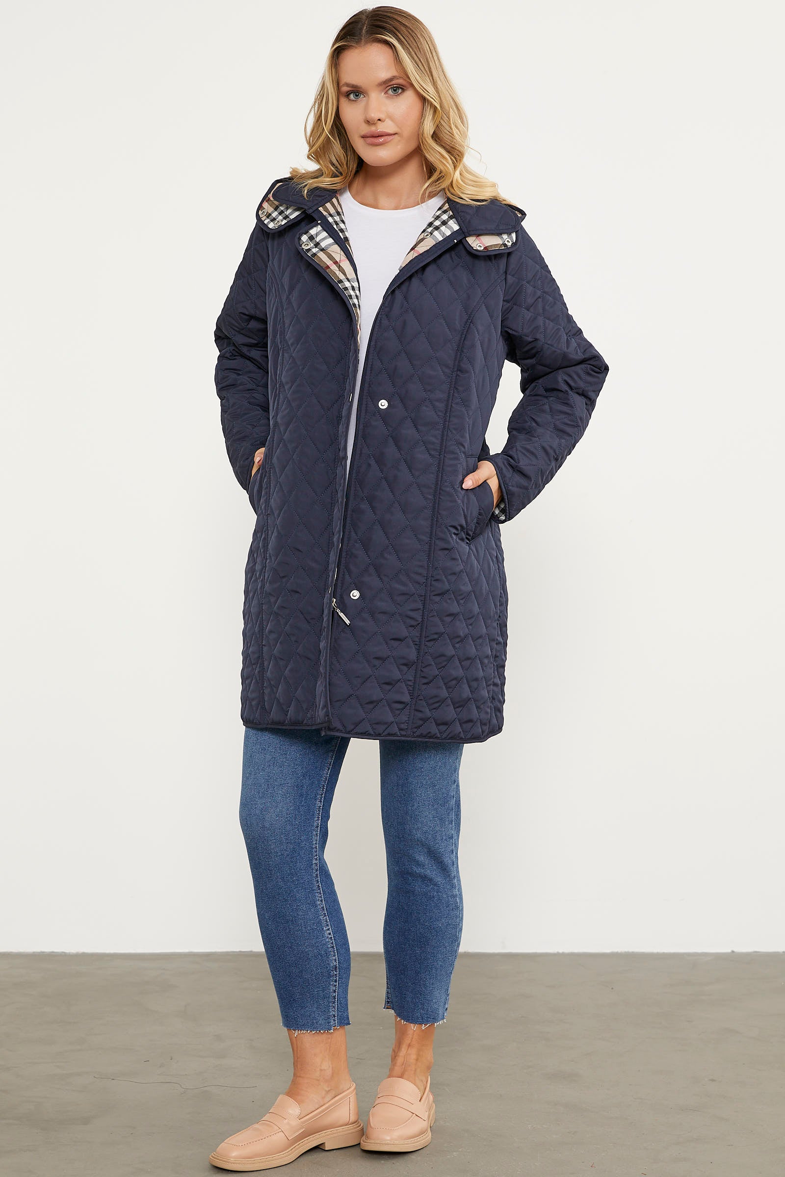 Kapüşonlu Ekose Detaylı Uzun Mont - Lacivert (4) Sementa