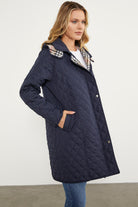 Kapüşonlu Ekose Detaylı Uzun Mont - Lacivert (5) Sementa