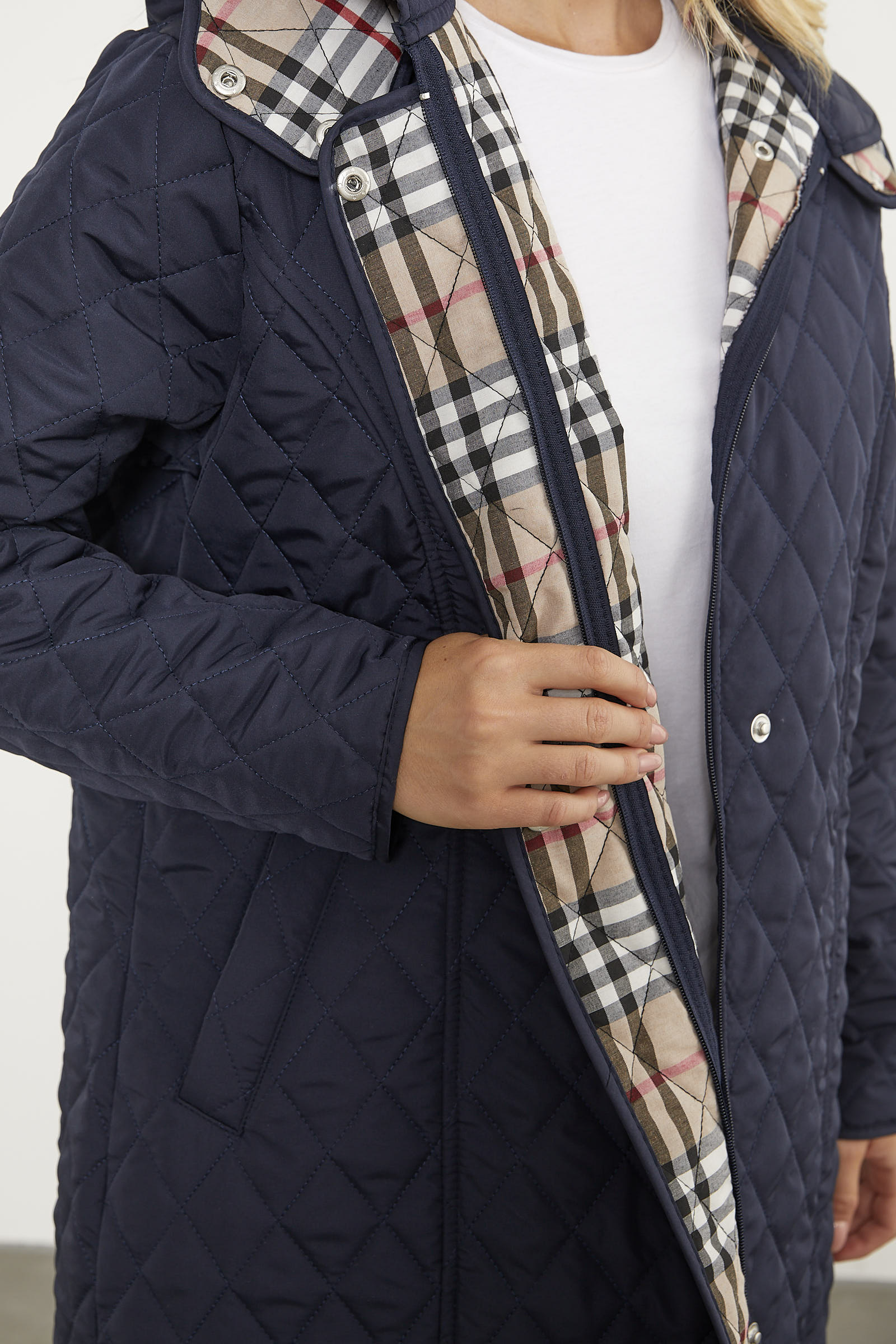 Kapüşonlu Ekose Detaylı Uzun Mont - Lacivert (6) Sementa