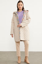 Kapüşonlu Ekose Detaylı Uzun Mont - Taş - Sementa